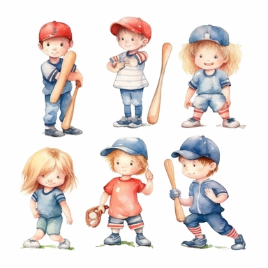 Watercolor cute little baseball players and their moms, illustrations clipart set, simple, christmas colors , cartoon elements ,different variants , separate elements with a margin, 4k, high resolution