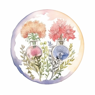 Create a heartwarming hand-drawn watercolor clip art image of a family gift niche adorned with birth flowers representing a family of four. Customize the image by selecting birth flowers for each family member: a January baby (Carnation), an April baby (Daisy), a September baby (Aster), and a November baby (Chrysanthemum). Add a personalized touch by including the family's names or initials within the niche, making it a cherished memento for generations to come.inspired by wildflower meadows