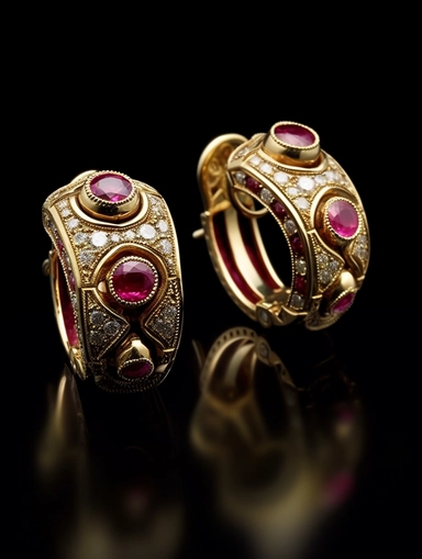 ear clip Byzantine art style, 5-carat VIvid ruby,Some small rubies, some small diamonds. background