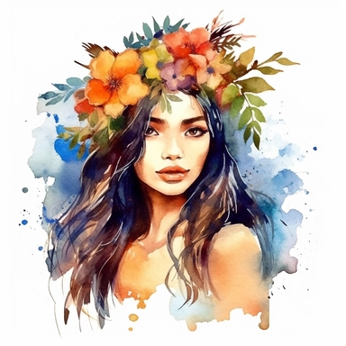 watercolor style, asian-origin girl with flowers on her head clipart, isolated on white background, hd ar 32:40