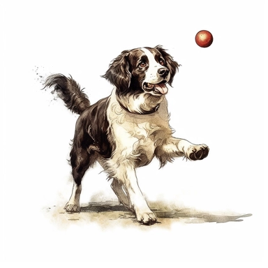Landseer, Playing Fetch, cartoon, Clipart, white background, no text, no caption