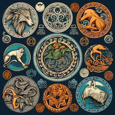 Generate a collection of lifelike clipart images featuring Celtic mythology and folklore symbols. Use a digital medium to create detailed illustrations that capture the essence of these ancient legends. Incorporate iconic symbols such as the Celtic knot, triskele, and Claddagh ring, paying attention to intricate patterns and precise linework. Utilize a vibrant color palette inspired by nature and Celtic artistry to bring these symbols to life