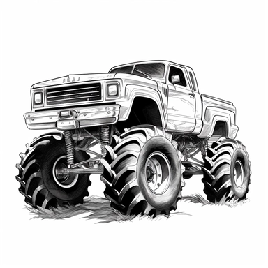 black and white monster truck clipart, 2d vector , sharp resolution, white background