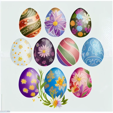 Illustration of a dozen of easter eggs and flower on a white background, hand draw Illustration clipart, 4K, extremely detailed