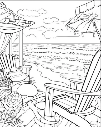 Adult Coloring Book Featuring Fun and Relaxing Beach Vacation Scenes, Peaceful Ocean Landscapes and Beautiful Summer Designs, coloring page line art, black and white clipart for a kids coloring page, simple and clean line art, illustration style,