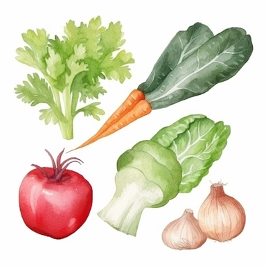 basic watercolor carrot, lettuce, tomato, bell pepper, garlic, onion in minimal hand drawn style, Etsy, textured, clipart, white background