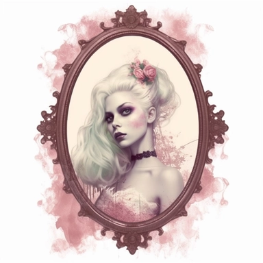 Design a vintage-inspired portrait of Barbie as a zombie, emphasize the classic Barbie features but give her a zombie twist with pale skin, dark sunken eyes, and disheveled hair, add a vintage-style frame for an extra touch, beautiful face, clipart, white background
