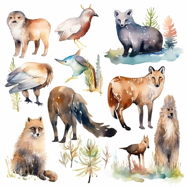 animals in nature, watercolor clip art AR 3:2