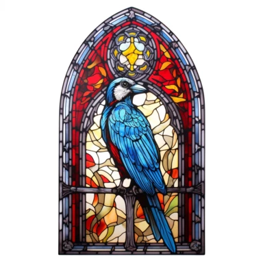 Gothic arched doorway with a stained glass-inspired woodpecker artwork clipart on a white background. Vibrant colors and intricate details bring the beauty of this bird to life. Translucent effects add depth to the artwork.