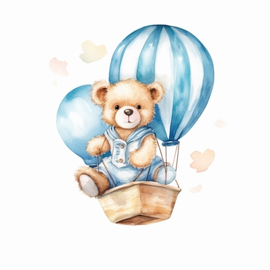 Watercolor Teddy Bear flying a Blue toy Aeroplane, Baby Shower for a boy, Clipart, smilling, sweet, cuddly, happy, playfull, playing, diffrent pose, Transparent background PNG