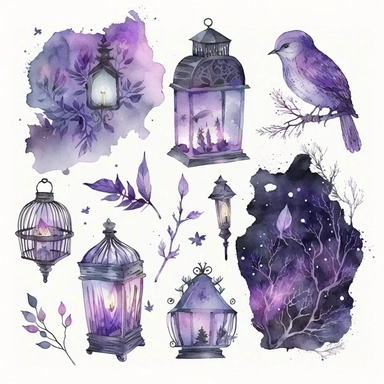 watercolor aquarell Eine Clipart-Illustration eines Schädels in leuchtendem Lila, der auf einem Hintergrund des Sternenhimmels platziert ist. Der Schädel ist detailliert und gut gestaltet, mit realistischen Augen- und Nasenhöhlen. Die Farbe des Schädels hebt sich von dem dunklen Hintergrund ab, während die Sterne in verschiedenen Größen und Helligkeiten glitzern und funkeln.