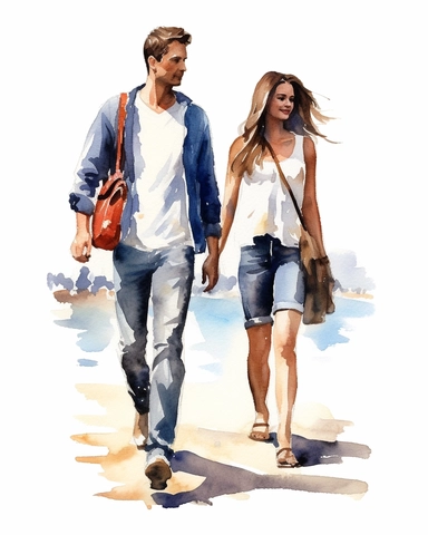 watercolor clipart couple walking on the beach, hyper realistic, 8k, isolated on white background