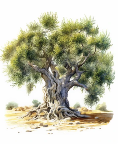 OLIVE tree, thick curved trunk, colorful, white background Alois Arnegger, clipart