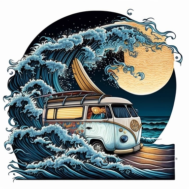 Create a mesmerizing image of a van navigating through a mystical wave, surfboards poised for action, with a magical full moon casting its luminous glow, contrasting beautifully against a white canvas, mystical, illustration style, white background, clipart, PNG pure white background, high resolution, hyper detailed, best quality, high detailed illustration