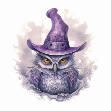 witch owl wearing witch hat , in the style of mystic mechanisms ,pencil art illustrations, Isolated white background, reimagined by industrial light and magic, lith printing, illusory images, watercolor clipart, very subtle purple tones, , ,