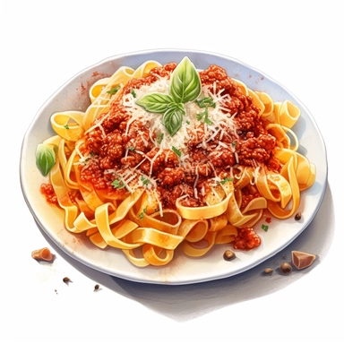 watercolor ultra realistic and hyper detailed illustration of a traditional italian FLasagna Bolognese (with layers of meat sauce, cheese, and pasta) on a plate clipart, white background