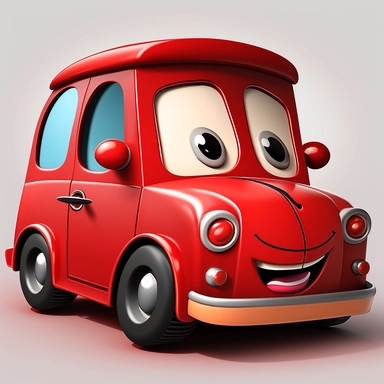 a funny red car for kids smiling in his home, flat clipart style