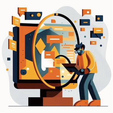 person with a magnifying glass protecting a computer screen with chat boxes, in the style of bold graphic illustrations, light orange and dark gold, color-blocked shapes, clear edge definition, weathercore, multi-layered figures, tagging and marking style, vector graphic, clipart