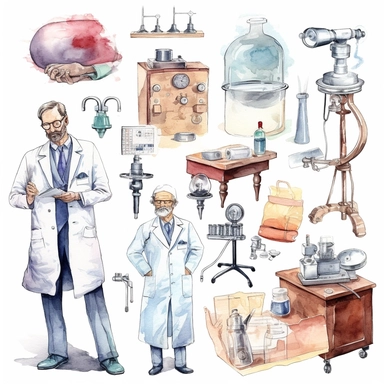 watercolor doctor related scenes , illustrations clipart set, simple, , cartoon elements ,different variants , nurse, doctor, stethtescope, mechanical body weighing scale, microscope, ,separate elements with a margin