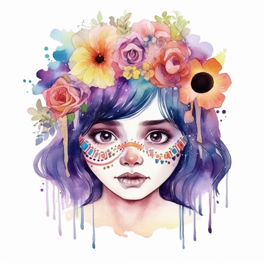 cute girl floral clipart watercolor with skull space eyes