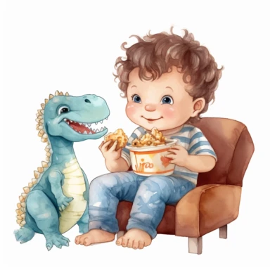 Cute baby boy and dinosaur enjoying movie night with popcorn watercolor Clipart