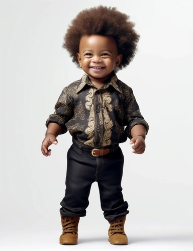 hasselblad 24 mm full body shot of a gorgeous african american baby boy very well dressed with Blue Eyes, clipart, Composition: Relaxed position with intricate high hairstyle, smiling, Style: Pirate, white background, hyperrealism, 32k