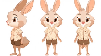 clipart,A cute little rabbit wearing a bright shirt and shorts+three Kans, with three perspectives on the front, side, and back, in different poses. The little rabbit has a small and cute body, with furry white fur and a pair of long ears. Its bright black eyes exude a clever and curious expression. A mischievous expression, he often wears bright shirts and shorts, full of vitality.clipart style, full body with both feet, painting, illustration, style, beautiful cartoon style, three images