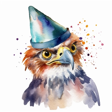 please create watercolor clipart of a hawk smiling, wearing party HAT AND GLASSES, colorful, WHITE BACKGROUND