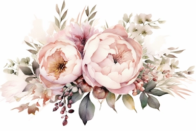 Dusty pink and white flowers, peonies, austin roses, big blooms, with muted green whispy foliage with gold flicks, elegant and beautiful floral clipart for wedding invitations, delicate, watercolor, oil painting, defined edge on white background