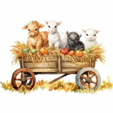 baby farm animals on a hay wagon full of rectangular bales of hay on an autumn day, autumn colors on a white background, clipart, vintage style--q2--s1000