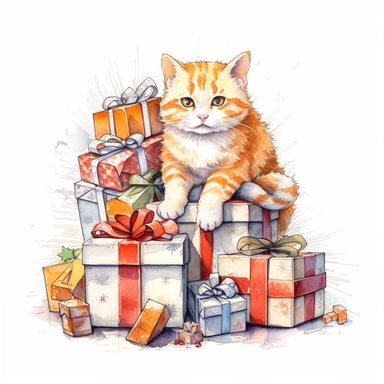 cozy orange-white cat with christmas time presents, clipart, watercolor technique, black contour lines, octane render, K8,