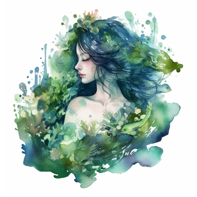 Detailed Watercolor dreamy mermaid swimming through algae clipart
