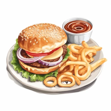hamburger clipart, white background, on a plate, with onion rings, mayonnaise on the side