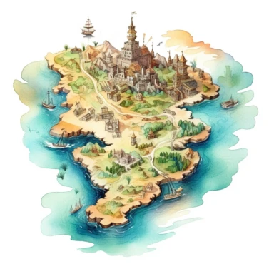 a watercolor vintage cartography map clipart, as a whimsical island takes center stage. Explore the intricacies of the detailed 8K design, where every unique cartographic element tells a story waiting to be uncovered, white background,