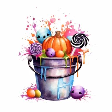 watercolor, candies in a halloween pot, sweet colors, clipart, white background , chaos 20