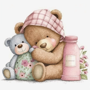 an ultra Cute little newborn baby teddy bear wearing pyjamas, baby pink traditional classic ((striped button up pyjamas)) and a bedtime hat and is sitting on a baby pink blanket with a baby bottle watercolour, cute,, bedtime, sleepy, dreamy, isolated on w