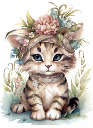 clipart,a cute little tiger in a field with bonnet on its head wearing necklace ,in the style of jody bergsma, 32k uhd, hand-painted details, charming character illustrations, dark brown and light beige,pink,pale blue, aquarellist, hd , white background clipart