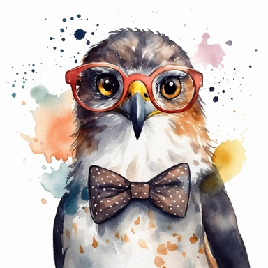 please create watercolor clipart of a hawk smiling, wearing party GLASSES AND BOW TIE and bubbles, colorful, WHITE BACKGROUND