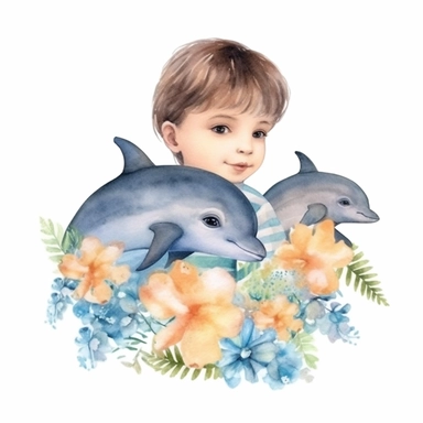 watercolor two sweet boys swimming with shells and dolphins in the sea, flowers clipart on white blackground