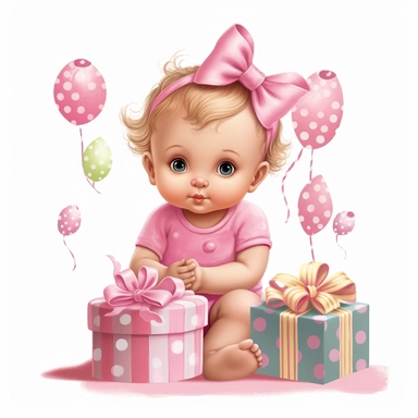 cute one year old baby girl first birthday clipart, single clipart, cake and present, high resolution, vibrant colors, 8k