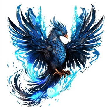 a glowing tribal phoenix with blue lights on his eyes, tribal animals, watercolor style, in the style of bold black outlines, manhwa character design, master of shadows, burned/charred, himalayan art, dark black and light azure, 2d game art, quadratura, clipart, on white blackground