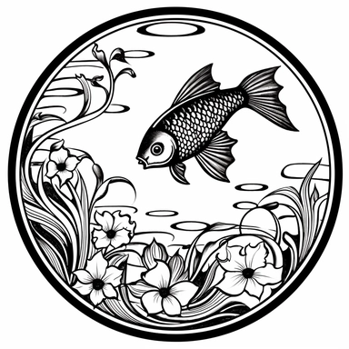 Left aligned, bottom aligned, quarter of a circle, art nouveau style, fish, black lines, detailed, flat design, flat flowers and bird, white background, clipart style, black and white,