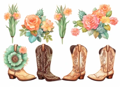 backdrop clip art print cactus, flower, cowboy boots, cowgirl boots cowboy boots vector clipart, in the style of romanticized realism, pastel academia, dye-transfer, jessie arms botke, rubén maya
