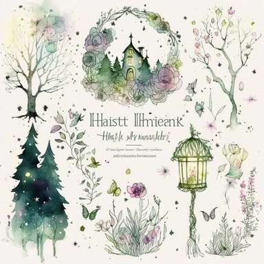 A mesmerizing watercolor clipart collection featuring elements from llustration of a magical forest inspired by Shakespeare's A Midsummer Night's Dream. lush green trees adorned with twinkling fairy lights, Delicate flowers bloom in vibrant colors, while mischievous fairies flit through the air, leaving behind trails of sparkling dust, ethereal ambiance. whimsy and enchantment,