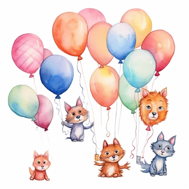flying cat tied to a balloon clipart, balloons lined up side by side clipart , party balloons clipart, birthday party centerpiece, watercolor clipart