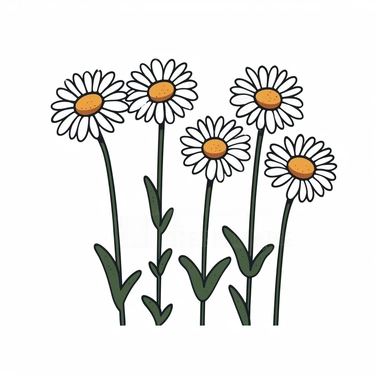 Clipart of cartoon daisies in a minimalist style, on a white background,