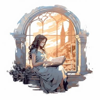 Girl Reading in a Window Seat: A clipart of a girl sitting in a window seat, surrounded by vintage books and enjoying a peaceful reading moment retro look vintage blueish colors pale colors pastel graphic vector illustration painting oil painting da vinci style white background