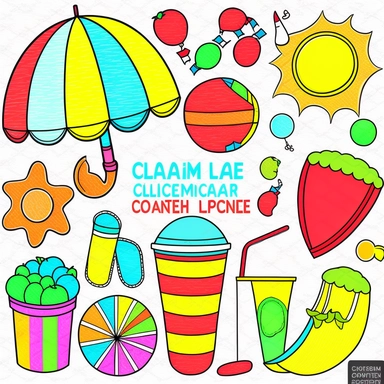 Please create a series of color-pencil clipart illustrations featuring different items related to summer. Each illustration should be drawn in a playful and cheerful style that captures the vibrancy and warmth of the season. Items to include can be beach balls, watermelons, sun hats, flip-flops, and ice cream cones. Please use a colorful and coherent color palette that is bright and evokes the feeling of warmth and sunshine. Colors that are associated with summer, such as yellows, oranges, pinks