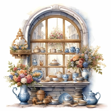 watercolor mixed media masterpiece royal kitchen beautiful window with porcelain dishes and books and basket with flowers, richly decorated with flowers, golden accents, provence, by Adonna Khare style, Baroque style, PNG clipart, isolated on white, extreme photorealistic details, 32k HD resolution, realistic high detailization high resolution