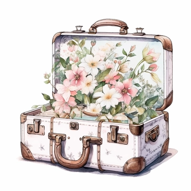 watercolor, hyper realistic, white background, white margins, 16k, ultra detailed clipart, cut out image, hand-drawn, whimsical manhwa style, ultra HD, sharp and clean art a vintage suitcase adorned with delicate floral , capturing the romantic and feminine aesthetics often associated with vintage fashion and travel. earthy brown pastel